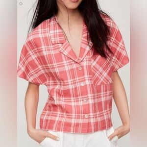 Wilfred Free from Aritzia  Pink & white Plaid Camp Shirt.